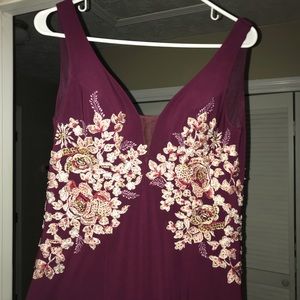 Long embroidered maroon prom dress